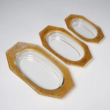 Vintage Tiffin Style Octagonal Gilt Encrusted Glass Nesting Serving Bowls 3-Pcs.