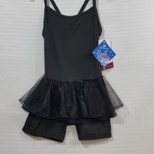 Motionwear Black Leotard Dance Outfit with Sparkle-Tulle Separate Bike Shorts MC