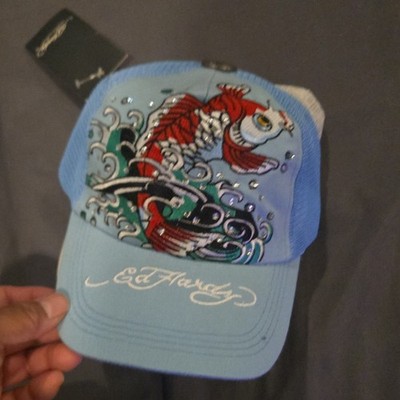 Ed Hardy Blue Koi Fish Graphic Print Adjustable One Size Men's Baseball Cap