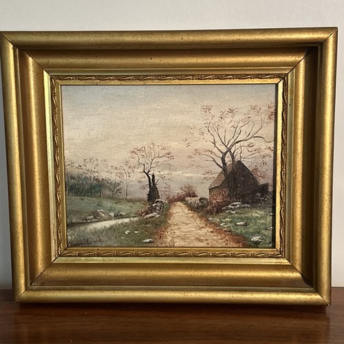 Antique Oil Painting Country Road Wood Cabin Scene Oil On Canvas Signed & Framed - Picture 14 of 19