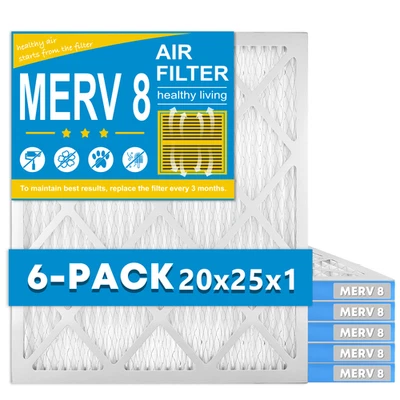 BEAQUICY 6 Pack 20x25x1 Pleated Air Filters, Replacement for HVAC AC Furnace (MERV 8)