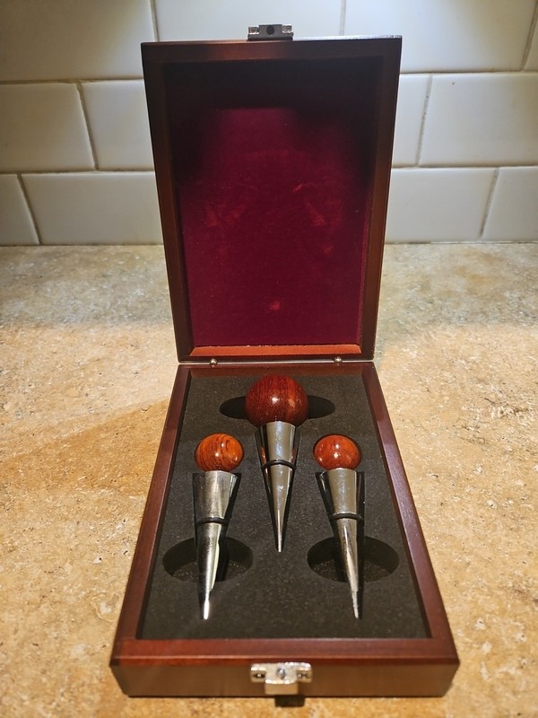 Set Of 3 Wood Top Stainless Steel Wine Bottle Toppers In Storage Box