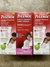 3 PACK Children's Tylenol Dye Free Pain+Fever Cold, Cough, Sore Throat 4oz