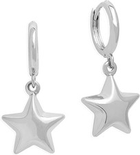 Silver Star Hoop Huggie Charm Earrings for Women, Trendy Puffy Drop Dangle Earri