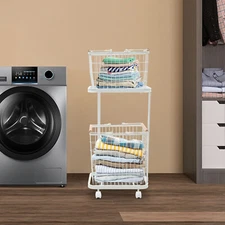 Laundry Basket, 2 Tier Laundry Basket, Metal Laundry Basket With Wheels White