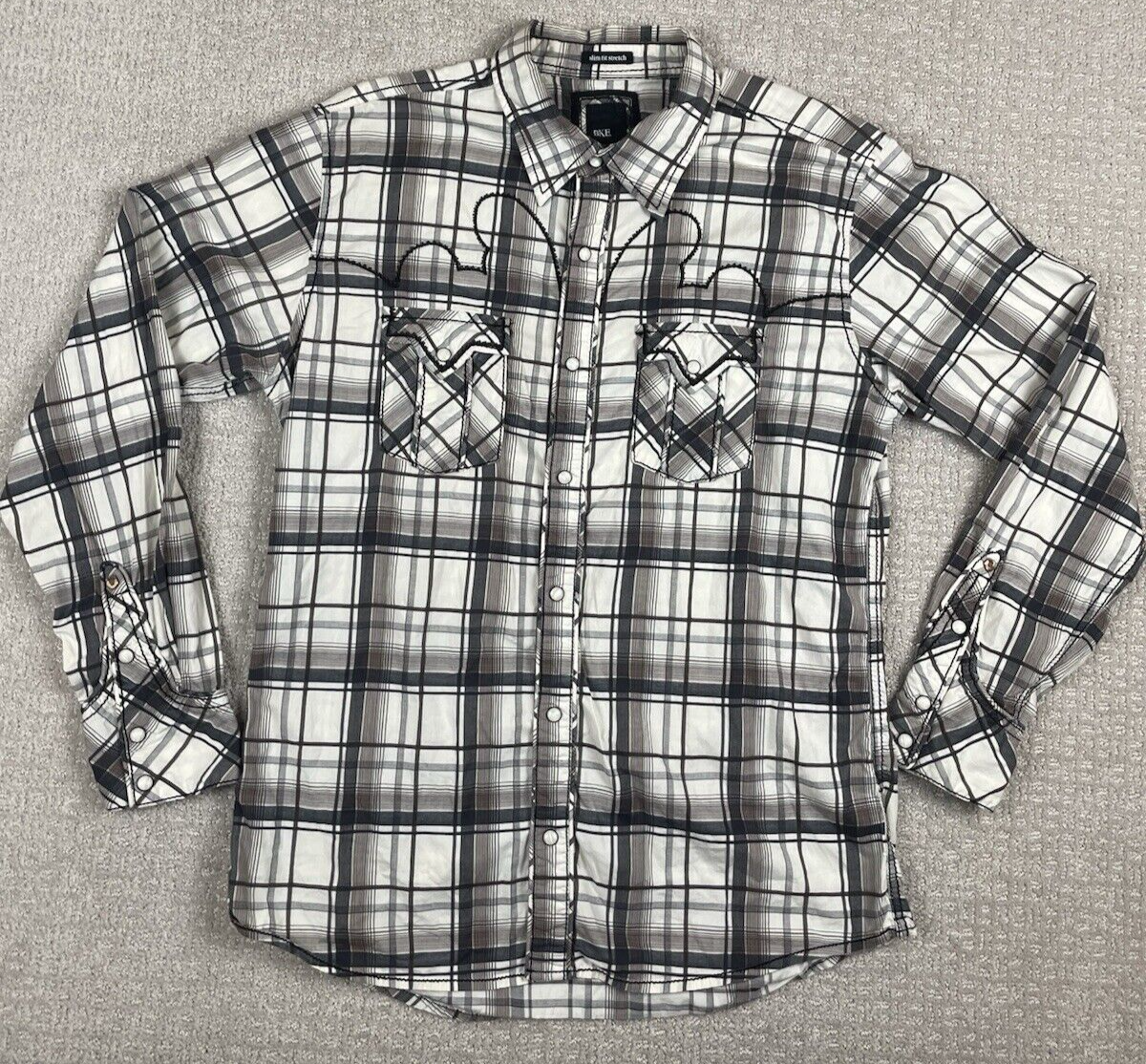 BKE Pearl Snap Shirt Men’s Size L Gray Long Sleeve Plaid Piping Y2K Grunge
