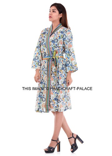 Mujeres Kimono Bata Estampado Floral Algodón Camisón Blanco Desmontable Cordón - Imagen 2 de 4