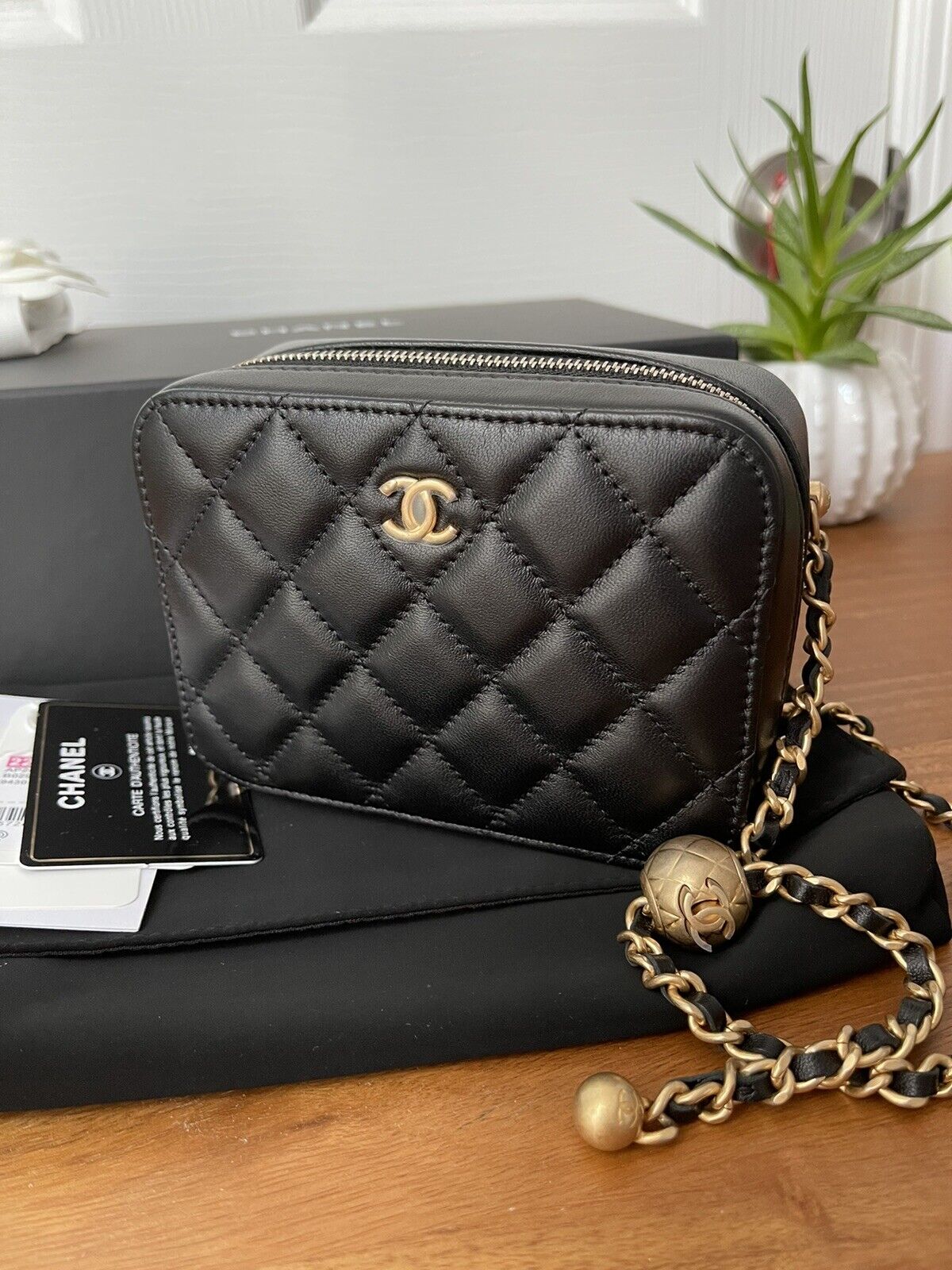Chanel Crystal Pearl Crush Drawstring Bag Black Velvet Light Gold