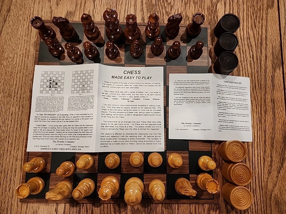 Drueke Wooden Chessman w/12" Board--Dominos/Cribbage/Checkers/Backgammon in Box - Image 4 of 4