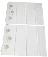 Vintage Pillowcase Set 2c Standard Size Scalloped Edging Lavender Flower Theme