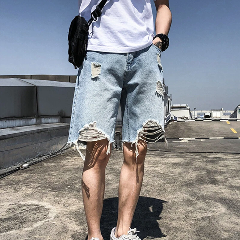 Men Summer Jeans Denim Shorts Loose Fit Distressed Ripped Half Pants Frayed