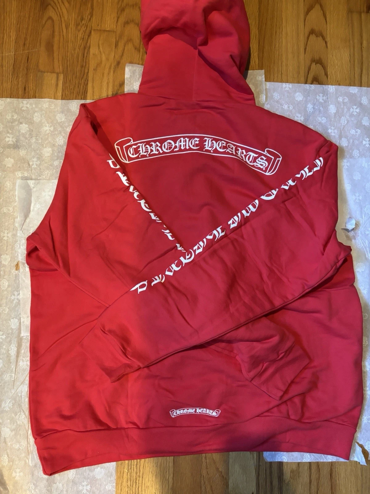 Felpa con cappuccio Chrome Hearts Script Logo Rosso Bianco Xs Extra Small Nuova