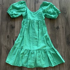 Nine West-Green Puff Sleeve Smocked Ruffle V- Neck Mini Stretchy Dress Sz XS