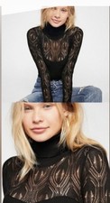 Intimately Free People Black Pointelle Ribbed Turtleneck Bodysuit Goth XS