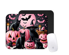 Cute Black Cat Halloween Mouse Pad Pink Spooky Desk Accessory Desk Mat