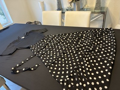 Women's Black & White Polka Dot Dress, Short Sleeve, Round Neck, Regular