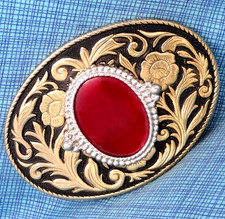 Western Floral Scroll Belt Buckle Cowboy Bright Red Mount Cowgirl Vtg 80s.TAZ074