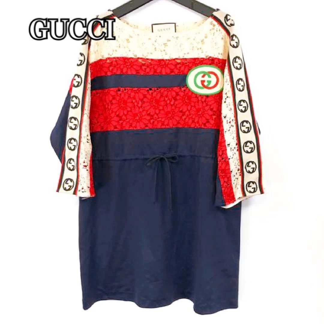 Robe Gucci imbriquée G G Gg patch dentelle tricolore m5_0417