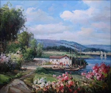 Quality Hand Painted Oil Painting Lakeside Cottage 20x24in
