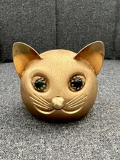 Vintage Napier Brushed Gold Tone Metal Green Cabochon Eyes Cat Head Bank *Read*