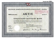 Niemieckie Towarzystwo Żeglugi Steamowej HANSA, Brema, 1958 (1000 DM) + zamach stanu.