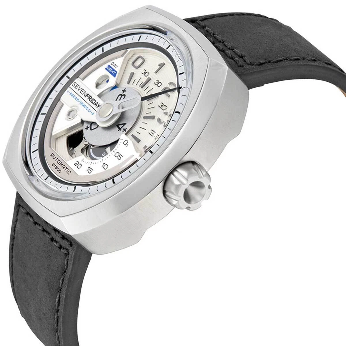 SevenFriday Men s Watch V Series Silver Dial Power Reserve Leather Strap V1 01