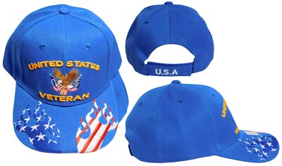 United States Veteran Eagle USA Flames On Bill Royal Blue Embroidered Cap Hat