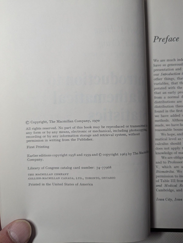 Introduction to Mathematical Statistics 3rd Edition by Hogg, Craig 1970 HC RARE! - Foto 5 di 5