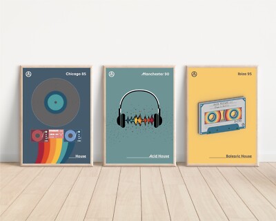 3xA4 Retro Drucke 80 90er Haus Musik Szenen Wandbild | Chicago Ibiza Balearen DJ