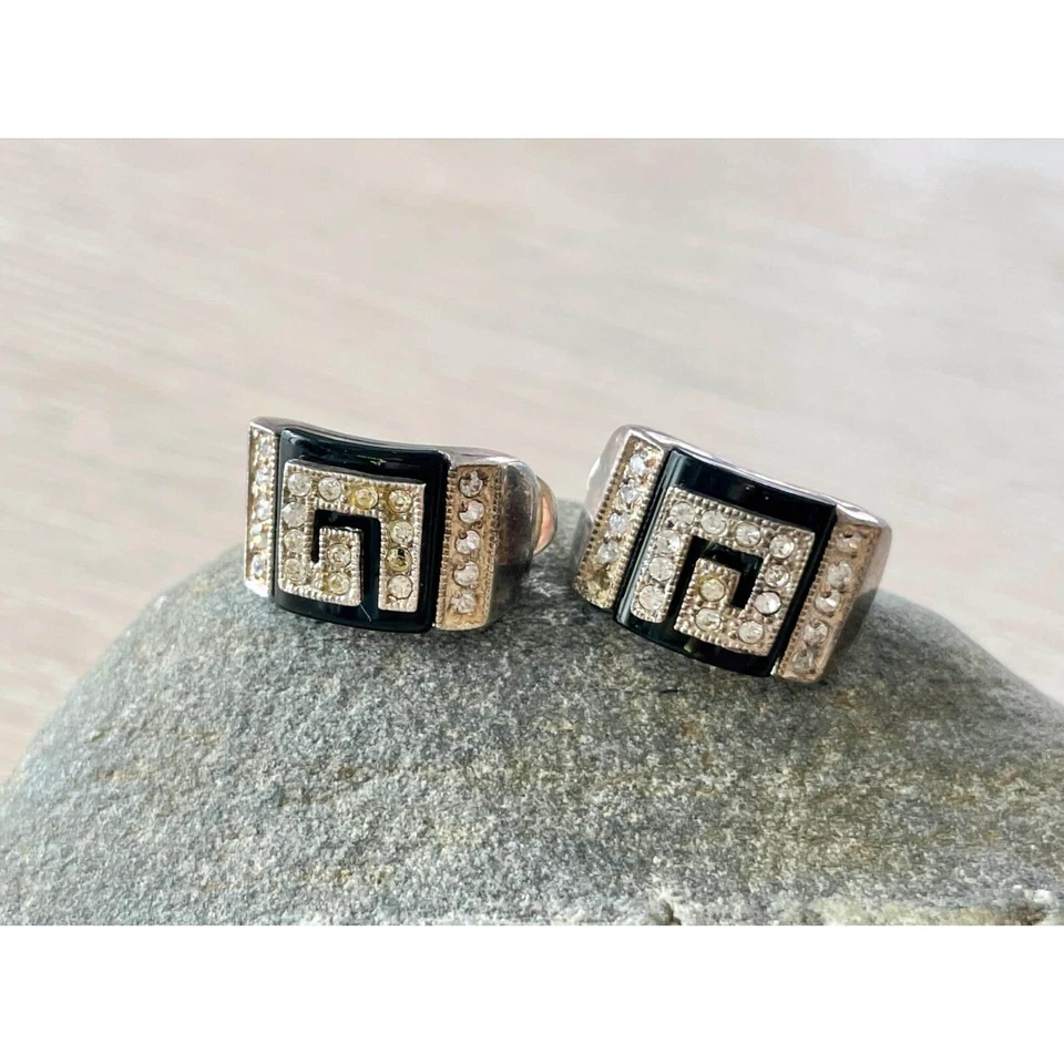 Orecchini vintage Art Deco in argento 925 con strass, borchie smaltate nere - Immagine 4 di 4