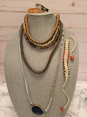 Lot of Braided Beaded Woven Fiber Necklaces & Bracelets 8 Pc Handmade Western 