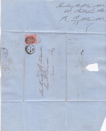 1862 QV FINE 4d BRIGHT RED STAMP ON LONDON WRAPPER TO PARIS FRANCE AMB CALAIS - Picture 2 of 3