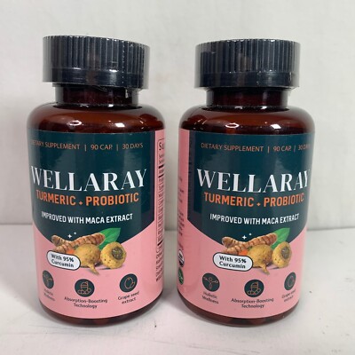Wellaray Turmeric + Probiotic Dietary Supplement 90 Capsules Lot of 2 Bottles