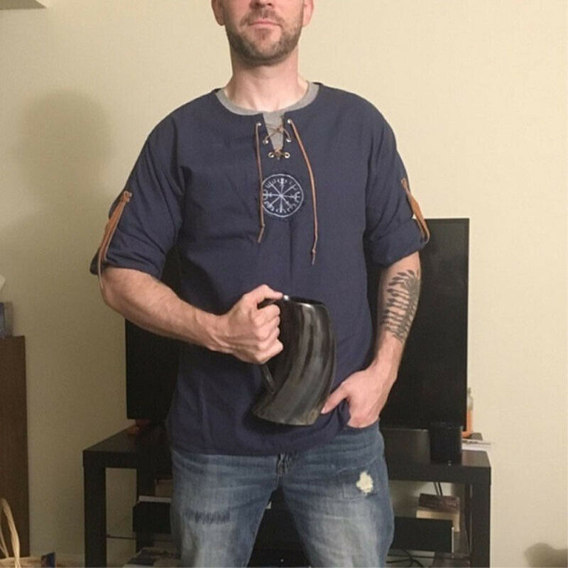 ARC'TERYX Camicia da uomo medievale ricamo lino tunica antico top vichingo costume cosplay