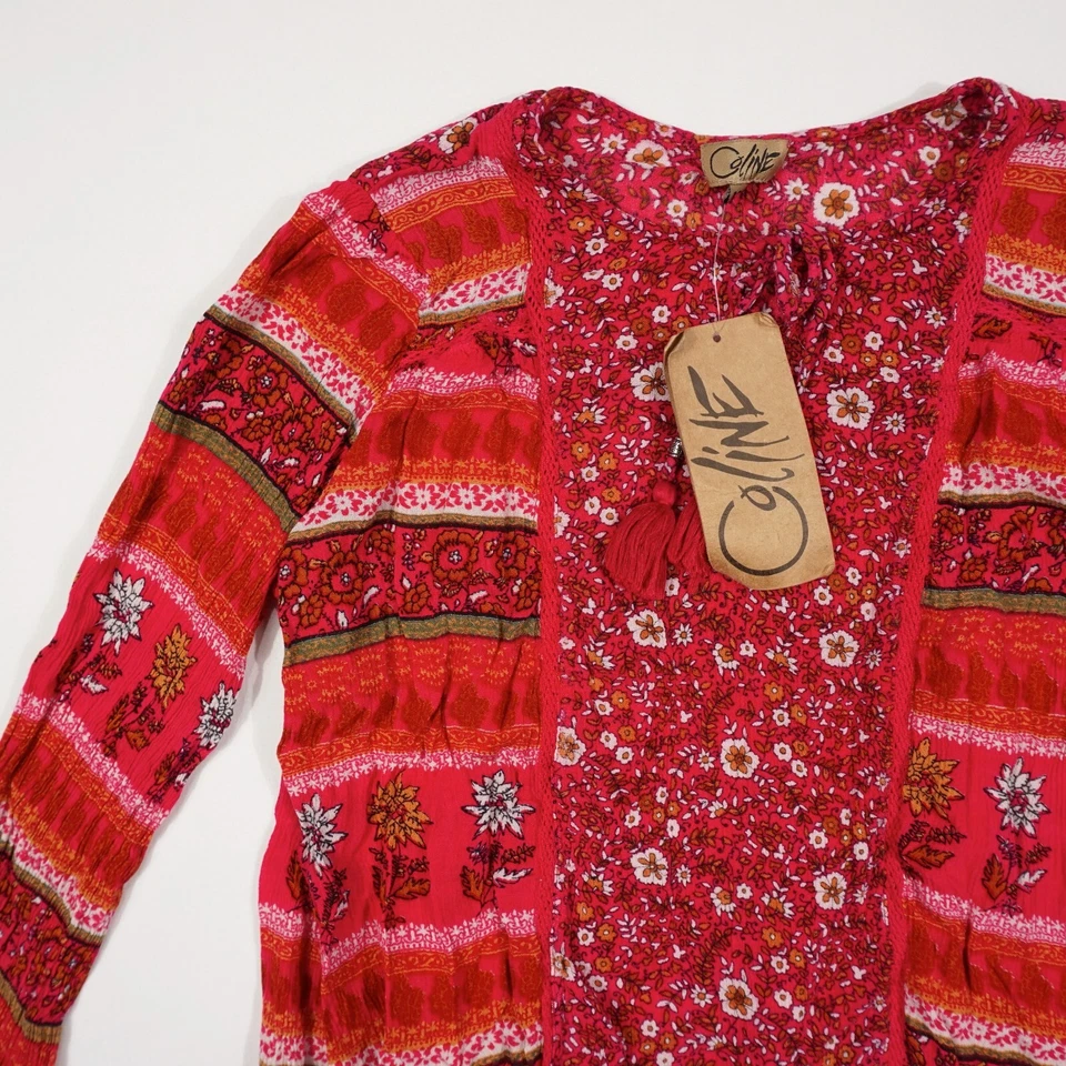 COLINE Damen Bluse Gr. M rot mehrfarbig Oberteil Rundhals Blumen Design Langarm - Bild 2 von 4