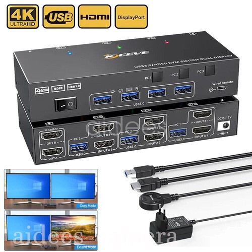 HDMI KVM Switch with EDID Dual Monitor 4K@60Hz USB 3.0 for 3 Computers 2 Monitor