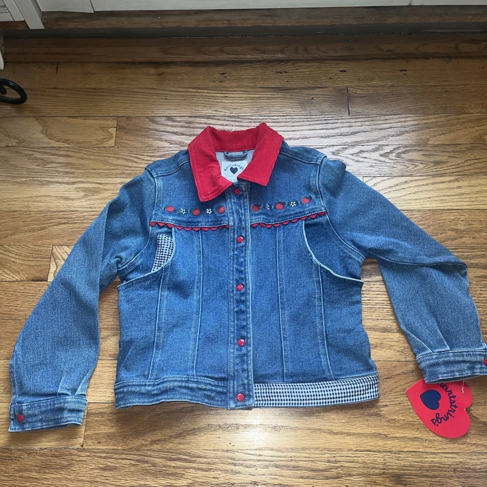 NEW NWT 6X 7 Hartstrings Girls Denim Embroidered Jacket Red Collar Xmas Gift - Image 2 of 4