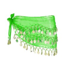 Belly Dance Hip Scarf 55x10" with 98 Gold Coin, Light Green