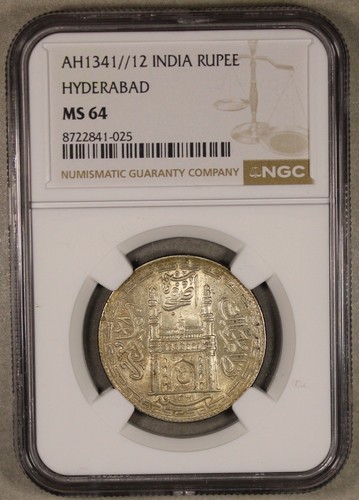 AH1341 Year 12 - 1922 India Hyderabad Silver Rupee Uncirculated NGC MS64