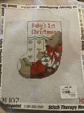 kathy schenkel needlepoint handpainted canvas Mini Christmas Stocking Baby 1st