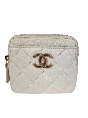 Chanel Caviar Quilted CC Zip Card Holder White Wallet Live