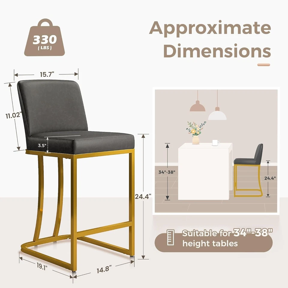 Set of 2/3/4 Leather Bar Stools w/ Back Support 24" Counter Height Kitchen Stool - Image 4 of 4