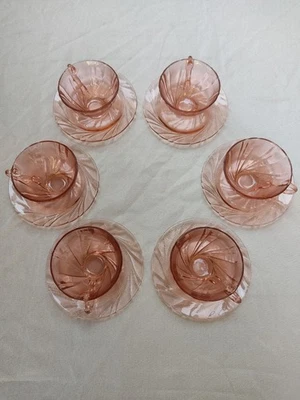 Vereco 6 tasses à café + soucoupes en verre rose, imprimé (12 pièces) - Photo 1/4