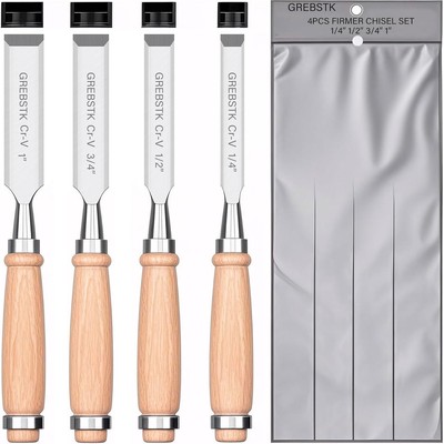 GREBSTK 4 Pcs Wood Chisel Set, CRV Steel Bevel 1/4'',1/2'',3/4'',1'', Multicolor 