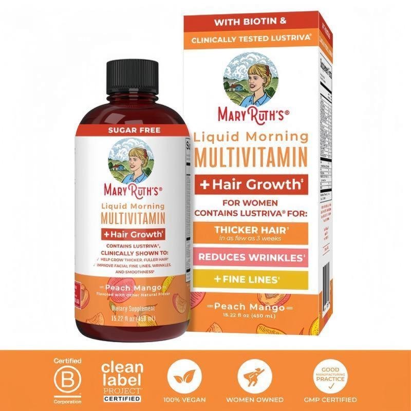 Liquid Morning Multivitamin + Hair Growth, Peach Mango, 15.22 fl oz (450 ml)