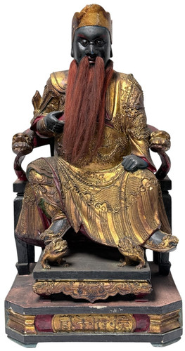 Chinese Gilt and Polychrome Seated Warrior Deity Figure