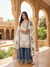 Latest Stylish Pure Silk Top Palazzo With Blue Dupatta For Functional Wear