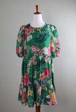ELIZA J NWT $138 Green Floral Keyhole Tiered Puff Sleeve Swing Dress Size 6