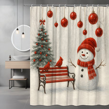 Christmas Shower Curtain with Snowman and Tree Design
