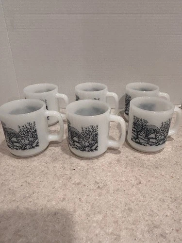 Vintage GLASSBAKE Currier & Ives Farm Milk Glass Coffee Mugs Set of 6 DUAL SCENE